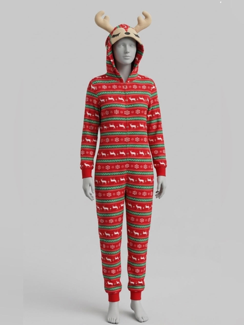 Sleep On It Red & Green Reindeer Hooded Onesie with Antler Hood